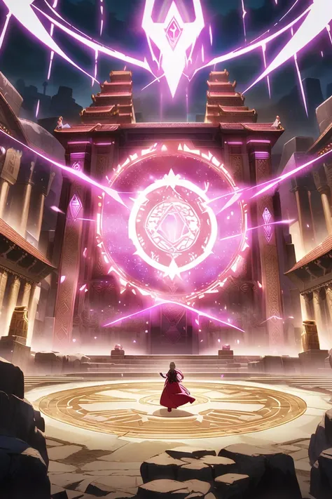 scene of a Bright intense magic ritual with a giant glowing enrgy rune taking place at an ancient magic temple, anime art, legendary, vivid, intricate architecture.