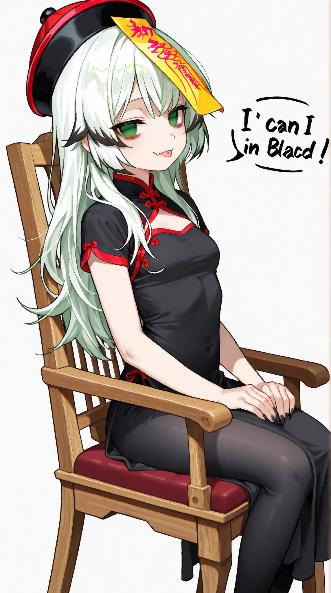 (high quality, ultra-detailed), female, white hair with few red highlights strands, solo, emerald eye color both empty eyes, anatomically correct, medium breast (clothed), Guanfu dress (Jiangshi) (all black) (short sleeves) (covered legs), lovely, fang, an...