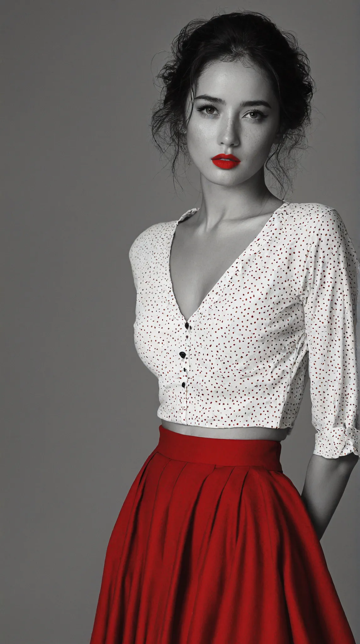 ArsMJStyle,， The picture is a black and white portrait ,    Sexy Female，full body，Red long skirt, freckle, alone,  red lips, Brown Eyes