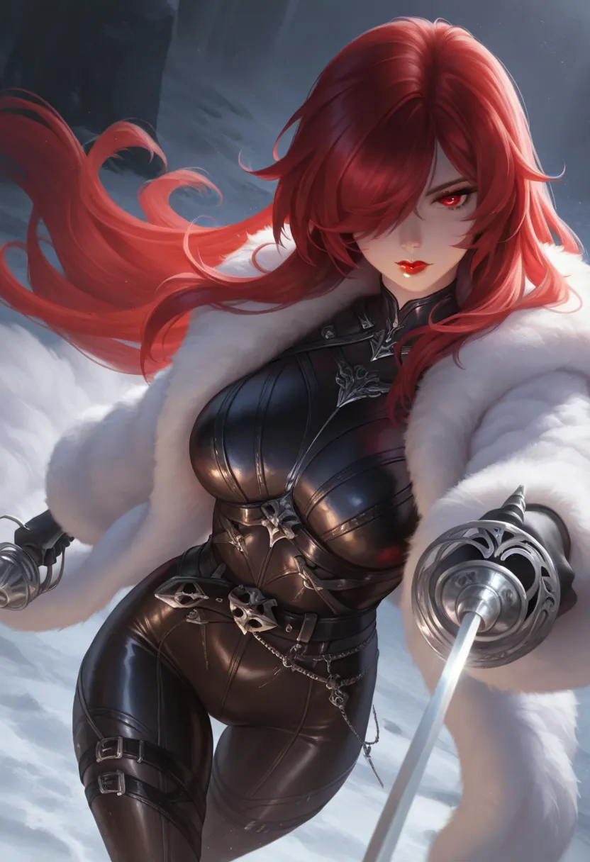 celestireal2,masterpiece, best quality, newest, (foreshortening:1.2), solo, 1girl, mtsrarena, red lips, looking at viewer, holding weapon, rapier, long hair, red hair, hair over one eye, red eyes, fur coat, black bodysuit, black gloves, black belt