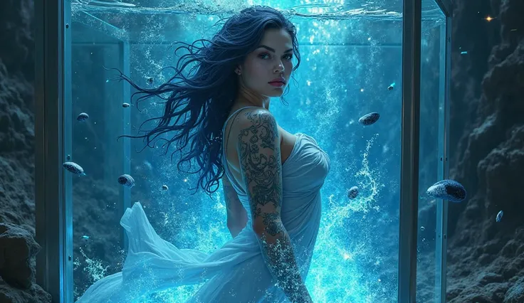 Close up close up very sexy woman, With energy a lot of water inside a giant glass aquarium in the sea blue dark water black blue water surrounding it, black smoke blue water surrounding her, tattoo on arms, Blue energy water around her forest, aura of fir...