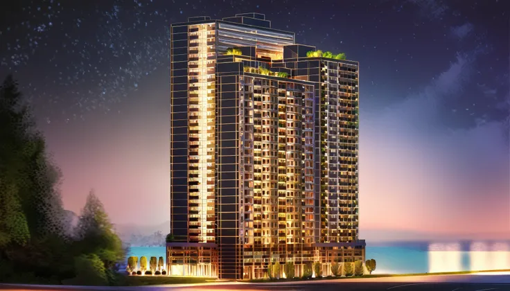 30-storey luxury apartment building, contemporary architecture, concrete and glass structure, interior lighting, architectural masterpiece, trees, green, people, cars, sea view, starry night sky