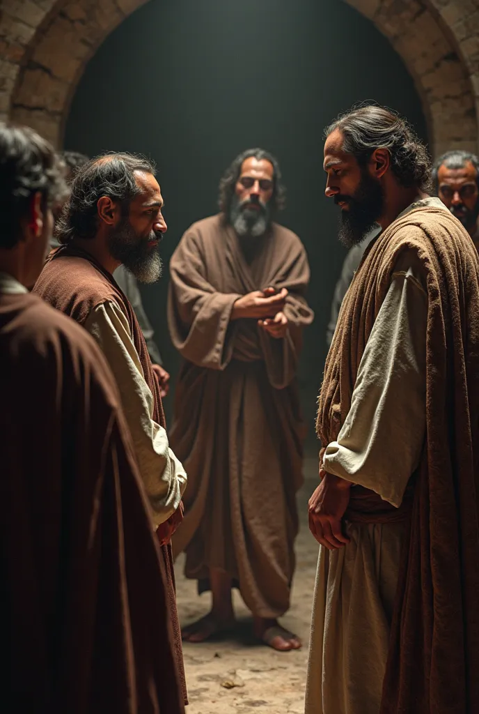 "An ultra-realistic scene in POV, showing Jesus being confronted by religious leaders in an austere and ancient environment. The scene highlights details of the interrogators' stern faces and the resigned serenity of Jesus, with his hands and body part vis...