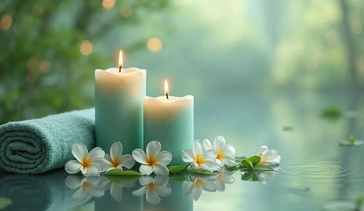 Two cylindrical candles, light teal-green in color, are positioned centrally in the image, with flames flickering visibly.  The candles are in a spa-like setting, with a rolled-up light teal-gray towel positioned between them.  Small, white blossoms with y...