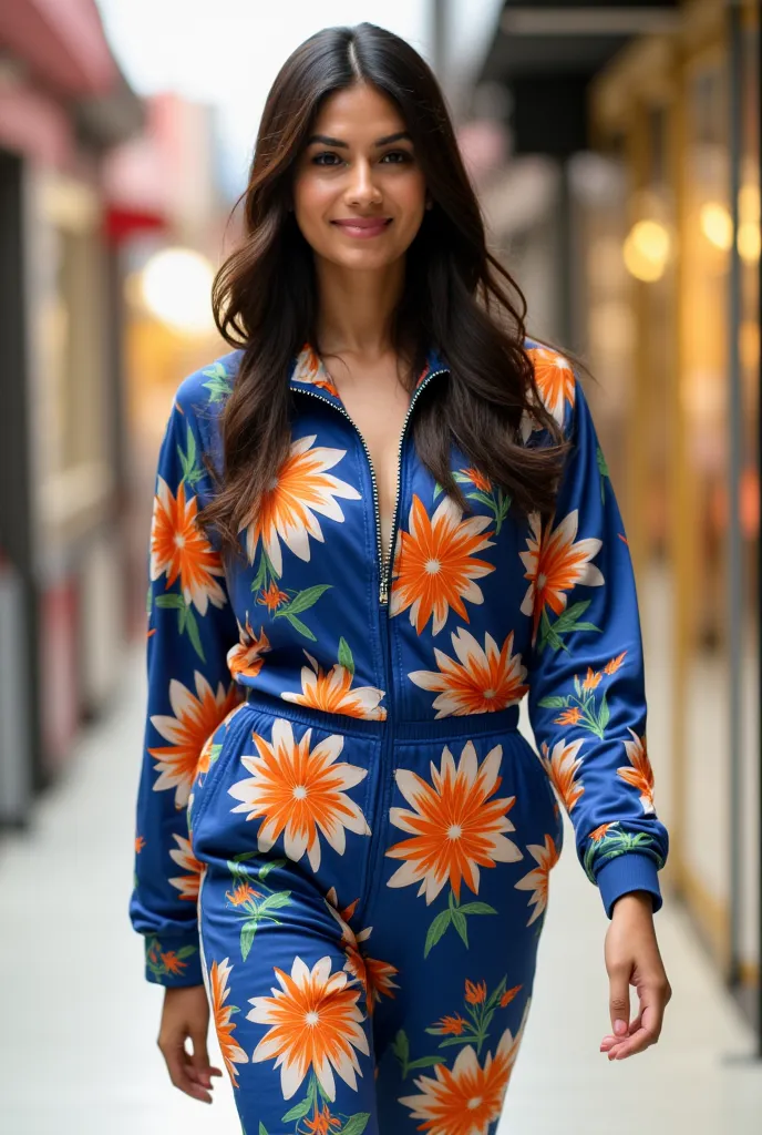 A beautiful Indian woman walking confidently in a vibrant floral tracksuit, featuring a blue background with large white and orange flowers. She has long, styled hair and is in a well-lit indoor setting, surrounded by blurred storefronts.