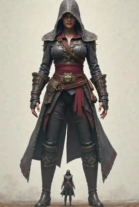 Giant Evie Frye with a medium sized butt standing infront of a tiny guy 