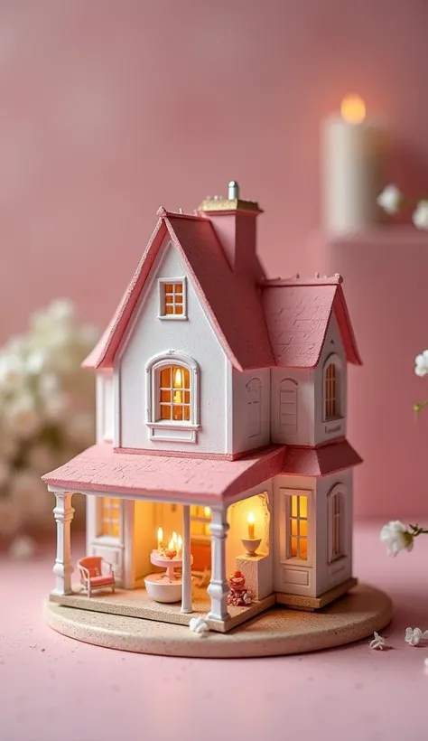     small model of a beautiful Parisian house、Cute house、 Genuine、     antique interior  、   Candles 、Small model inside the house    、   pink glitter effect ,    blur the background of the cup with your right hand ,   nothing ,  anatomically accurate,  to...