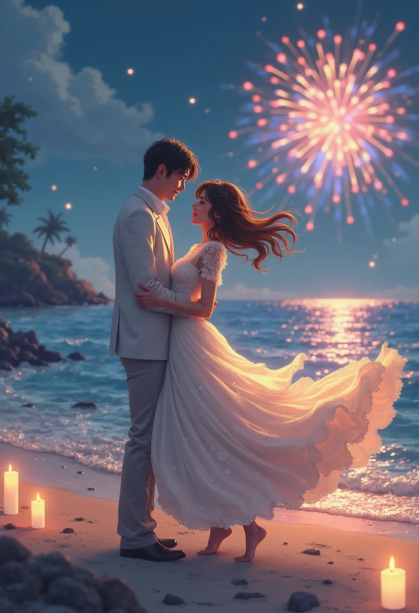 A newlywed couple dances barefoot on the beach at night, surrounded by soft candlelight. The waves shimmer under the moonlight, and fireworks burst in the sky, reflecting in the water. The man, still in his white suit, holds the woman close as she twirls i...