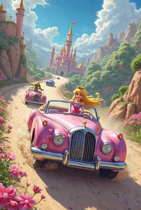 Princess Peach in a luxurious pink car driving through her kingdom, making Squidward from SpongeBob and Jake from Adventure Time bite the dust off their car