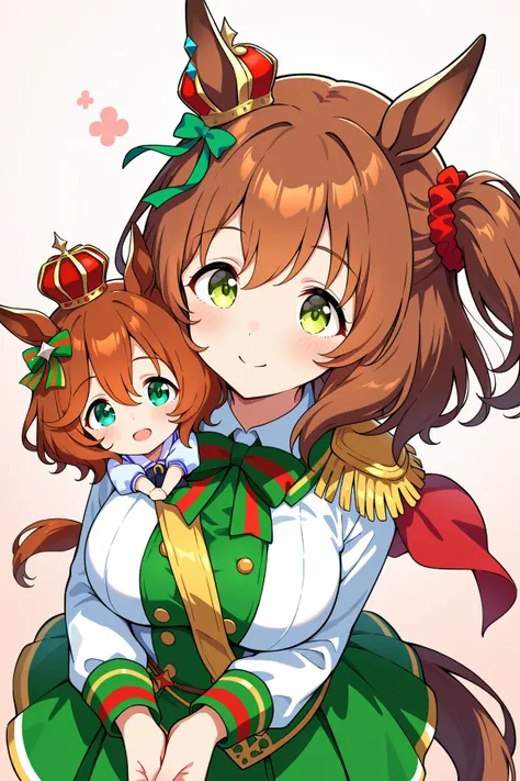 AstonMachan、green eyes, tareme, horse girl, horse ears, horse tail, head on mini crown, side_ponytail, lightbrown hair, medium hair, hair_ornament, medium breasts, red head_scrunchie、チラ見