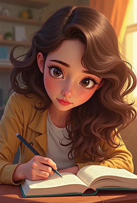   studying wavy brown hair studying Pixar style