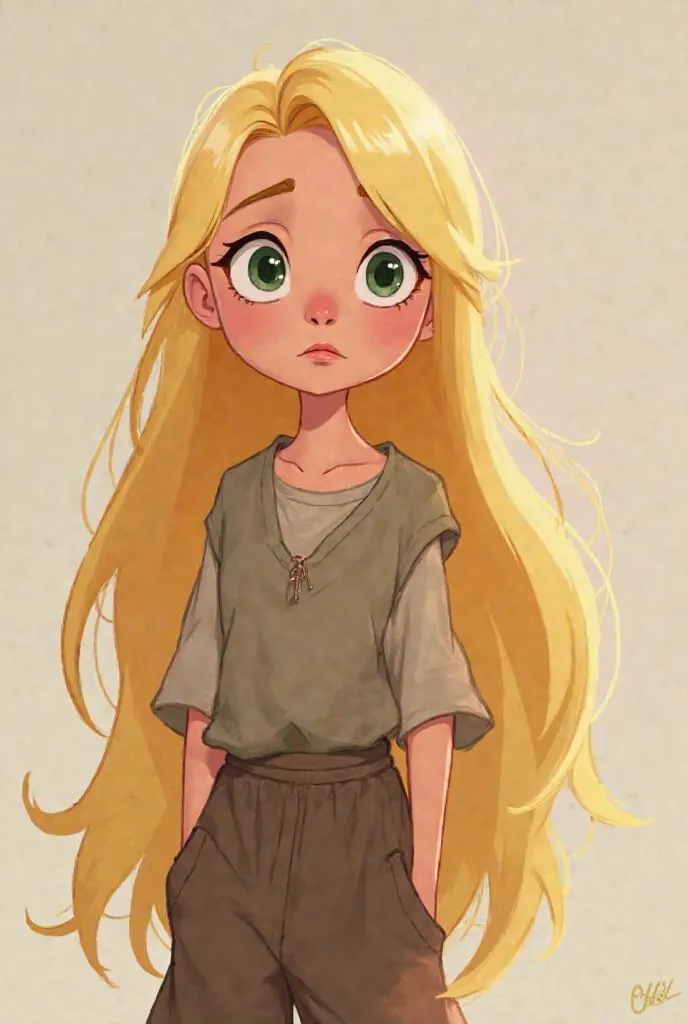 Character: A  girl.
	•	Hair: Long, flowing blonde hair with a single noticeable gray strand. In a modern Disney style, the hair would be slightly exaggerated—smooth but voluminous. The gray strand stands out clearly against the blonde.
	•	Facial Features: ...