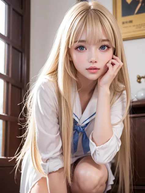 Very beautiful super long bright blonde girl、 beautiful 18-year-old Scandinavian girl 、目の上のbangs、Blond hair on the face 、 blond hair that is popular on her face 、Extremely beautiful face 、 gentle bright expression 、flutters super long straight silky hair t...