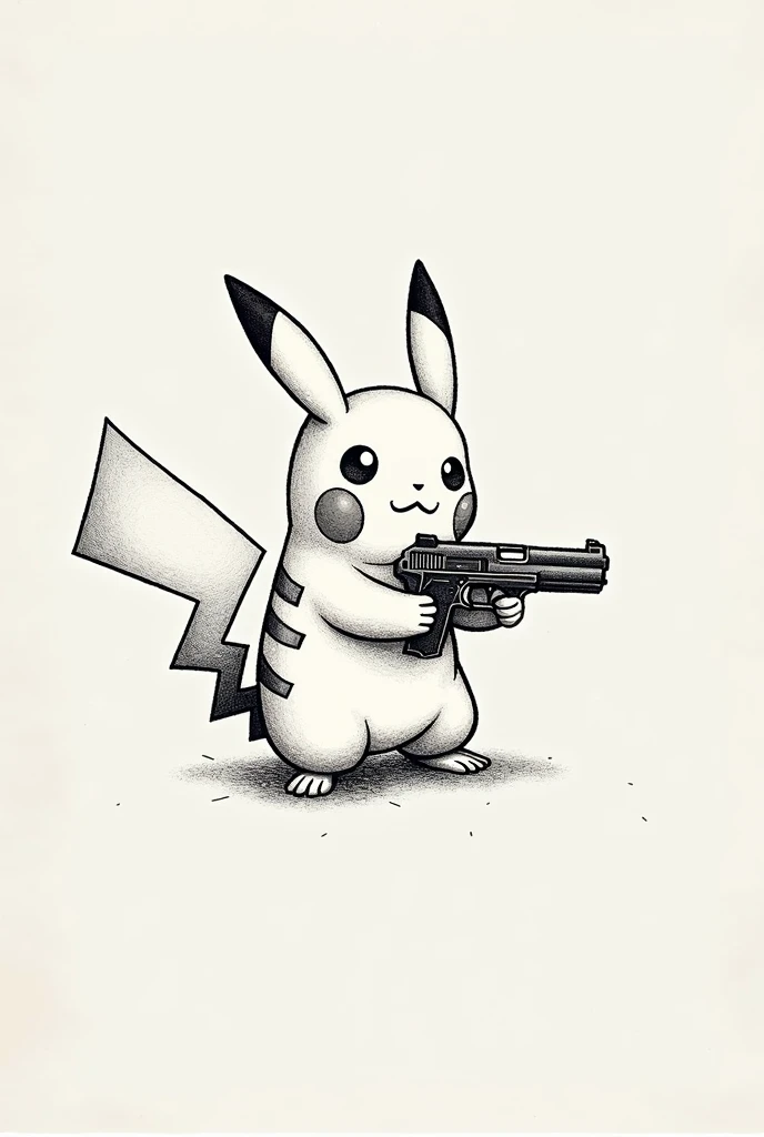 Create small, tiny tatoo of Pokemon Pikachu with a gun. It have to be in fine line tatoo style, no colorful filling. Don't make it realistic, i want it to be as simple as possible.