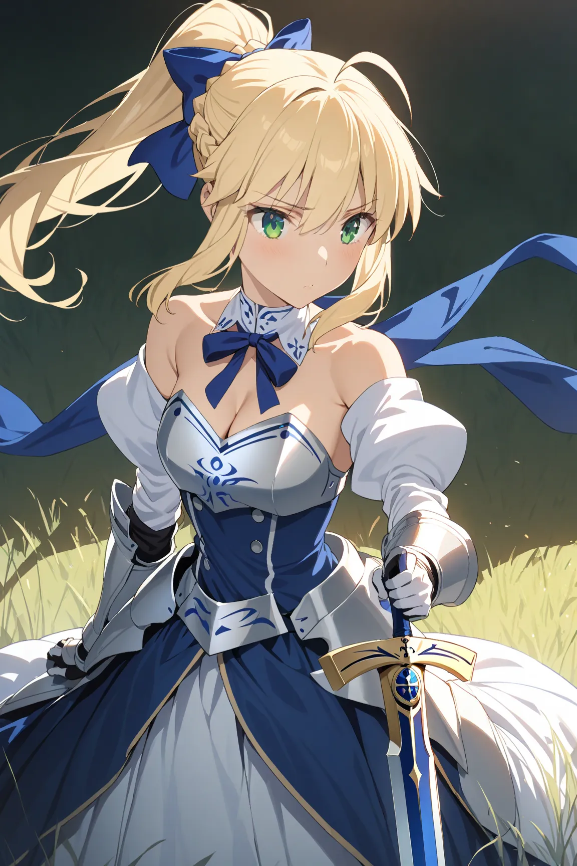 
1 girl,How tall is an 18-year-old,Standing in the grassland　, Artoria Pendragon (fate), to know (fate), blonde hair, green eyes, ahoge, hair ribbon, blue ribbon, french braid, braided bun, single hair bun, short hair, sidelocks
turtleneck, blue dress, bre...