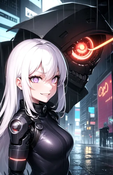 from side, 1girl, white hair, purple eyes, glowing eyes, evil smile, rain, pupils, street, cyborg, cyberpunk,