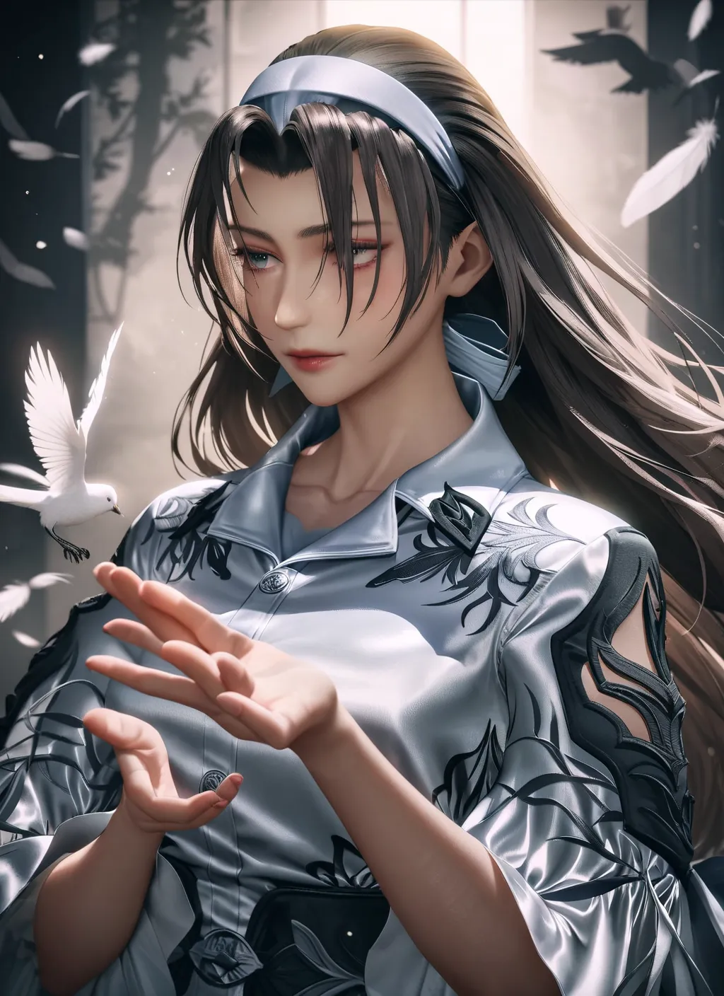 masterpiece, best quality, very aesthetic, absurdres, jun kazama, double exposure, bird on hand, from side, silhouette, floating hair, feathers, sad, long hair,  masterpiece, best quality,