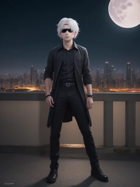 1boy, full body shot, perfect hand and fingers, satoru gojo, blindfold, black outfit, white hair, look at sky, smirk, red and blue moon city night background, wallpaper, cinematic,High resolution 8K, Bright light illumination, lens flare, sharpness, master...