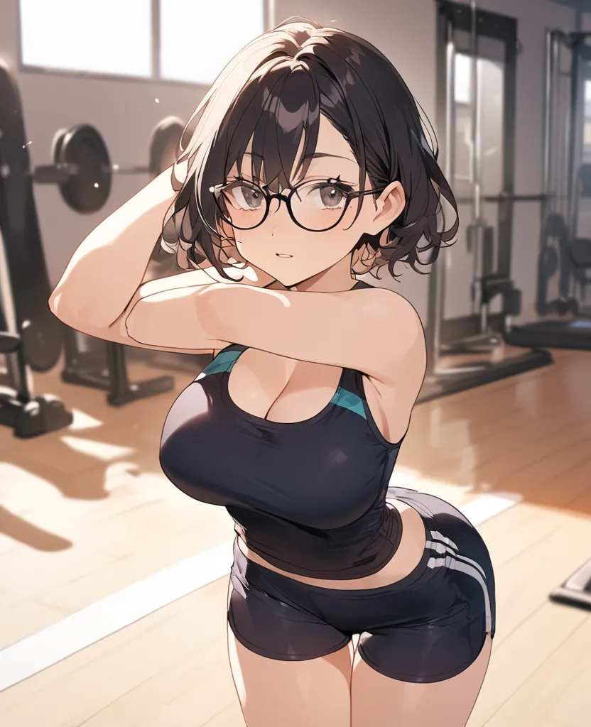  A 17-year-old girl ,  short black hair, black glasses and black eyes ,high,  thin, big breasts. Wearing a sports top with a lot of cleavage, gym shorts. in the background a gym. The girl is doing stretching exercises 