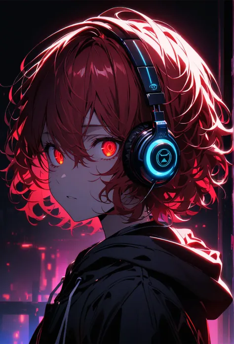 Alone、  red hair 、Short Wavy Hairstyles、 semi-long、Cat&#39;s Eyes、 sharp eyes、Rinnegan、Bright red eyes、nice、very well detailed,male、1 person,  20th generation、 alone,  hoodie, , headphones RGB lighting 