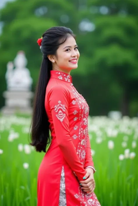    A young woman wearing a red traditional dress dress
burmese dressposing gracefully in a lush green garden, long black hair, confident expression, natural lighting, high quality, photorealistic.The background features green grass and flowers, creating a ...