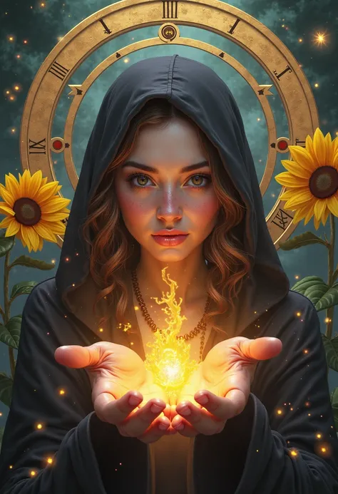 Create me a drawing of a witch based on my, with my oval face, my light brown eyes, and my semi-curled brown hair, with the zodiac wheel in the background, with the dominant Leo sign, and sunflowers and may the magic come out of my hands, and that I don't ...