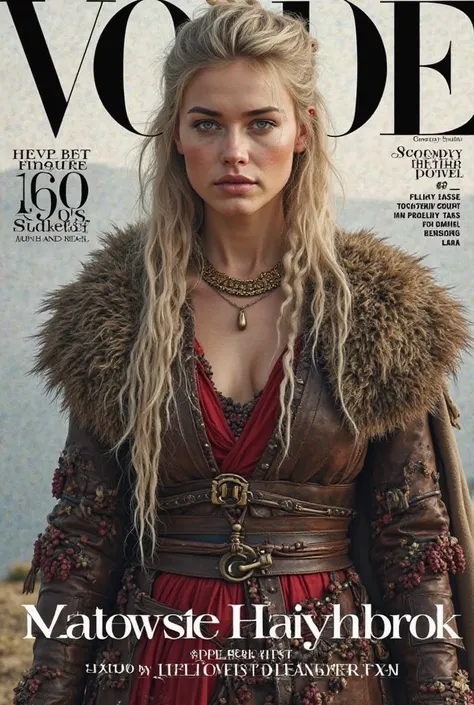 Create the cover of a fashion magazine with real hyperrealistic Lagertha Lothbrok Hyperrealism as the protagonist of the cover and with background texts as if it were a real magazine.  outfit.  hyperrealism. live action magazine.viking