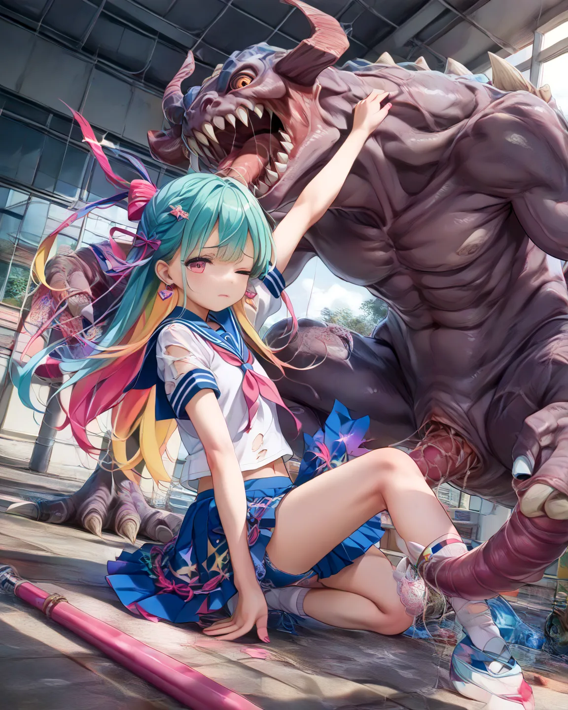  TOP QUALITY、((Ultra Fine Illustration)),(The girl&#39;s whole body is visible、 Anime Girl 、A monster is slaying a girl:1.9), high definition,  Anime Girl 、cute、detailed skin texture with hair on back of hand, detailed fabric texture,   extreme detailed ex...