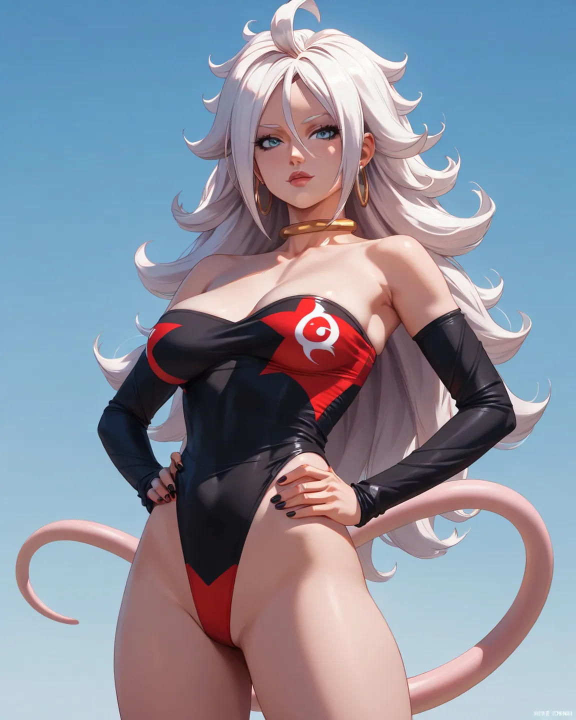 Create the Android 21 character in its Majin version, white hair patterns, standing in front, wide hip, she wears a short bikini, tight and red,  breasts marked , on a white background, detail, quality, 