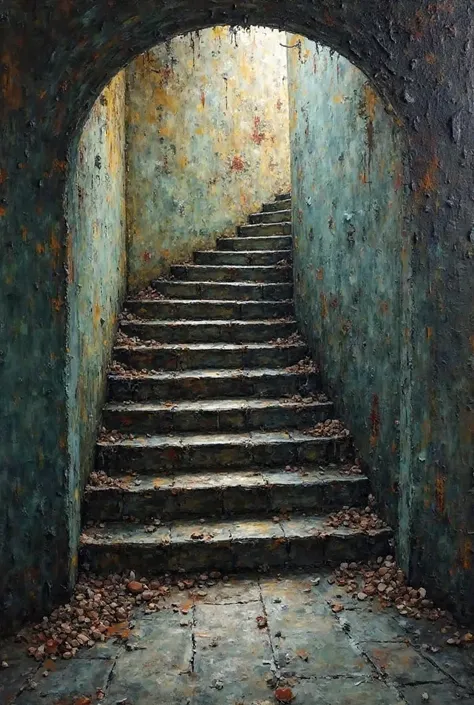 Basement stairs in a painting mixed abstract and realism 