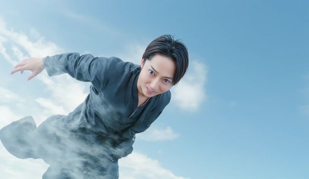 handsome Japanese man, flying in the sky, high resolution, sharp face, realistic image, cinematic, dynamic