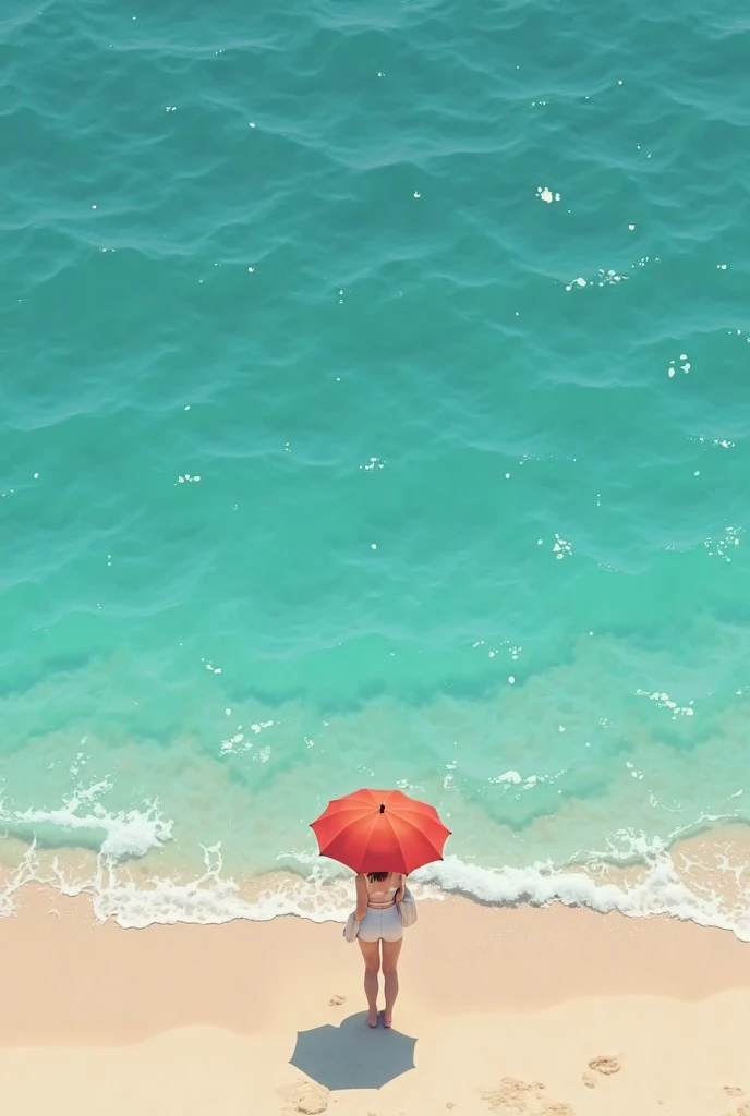 Woman standing on the beach holding an umbrella., Picture by Matthias Weischer, Pixel, Minimalism, calm sea and  beach background ,  beach background , Sand and Sea, mediterranean  beach background , Beach sand background, Turquoise sea, Seaside Aesthetics...