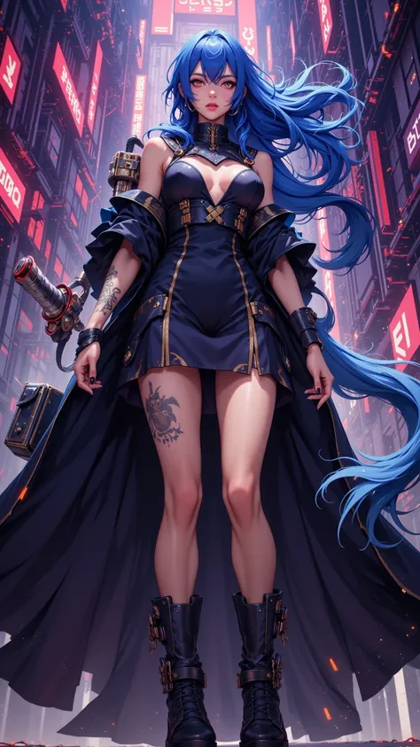 1girl,solo,female_pervert,teacher,adult,panorama,full_shot,from_below,looking_down,naval_uniform,combat_boots,brown_skin,tattoo,curvy,slender,blue hair,straight_hair,very long hair,long_eyelashes,lipstick,orange eyes,blue_pupils,thick lips,:o,black_nails,g...