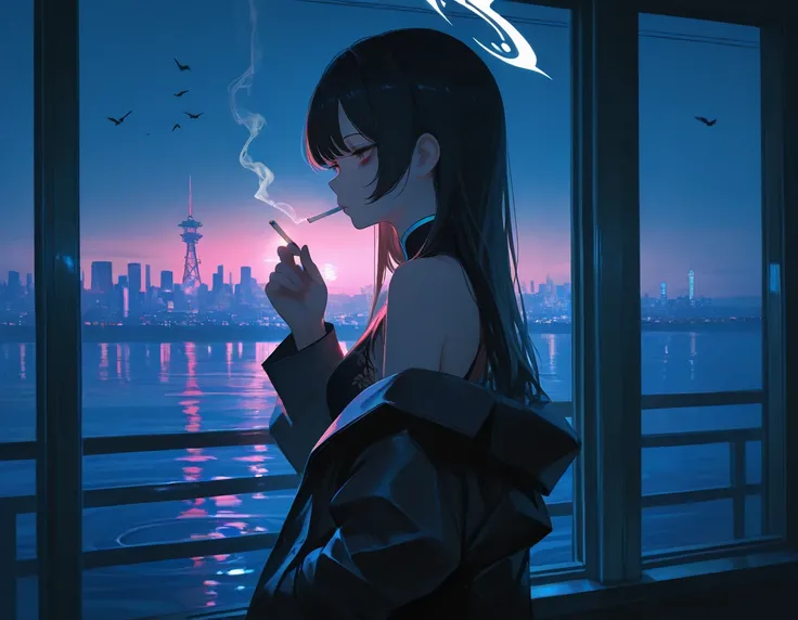 Sunrise, being on the balcony, smoking, long sleeves, white breath, winter theme, lazy dark circles under the eyes,looking away, ,Telephone pole, a small bird in the distance, 
,kisaki (blue archive),,Cyberpunk cityscape ,The Tower of Babel shines in neon ...