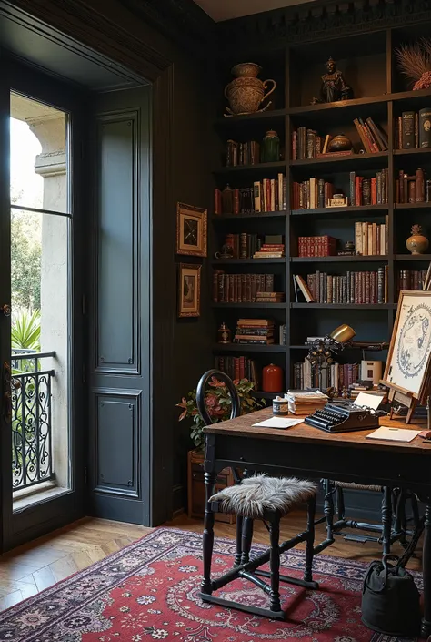 Generate me a dark styled Mediterranean bed room with a bit of a gothic aesthetic with a bookshelf, an easel with artist material next to the balcony glass door at the end of the room and also a dark closet, a desk with a typewriter on it and style it with...