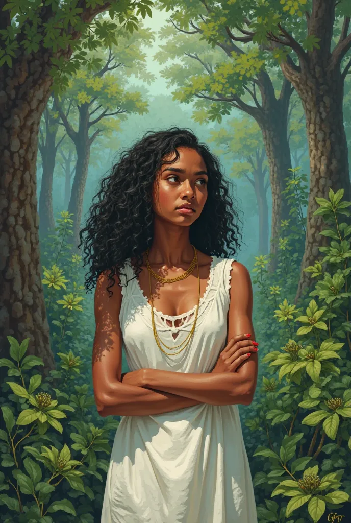 Nikiminage  by an Ethiopian color set down in forest and she thinking& wearing a white dress.