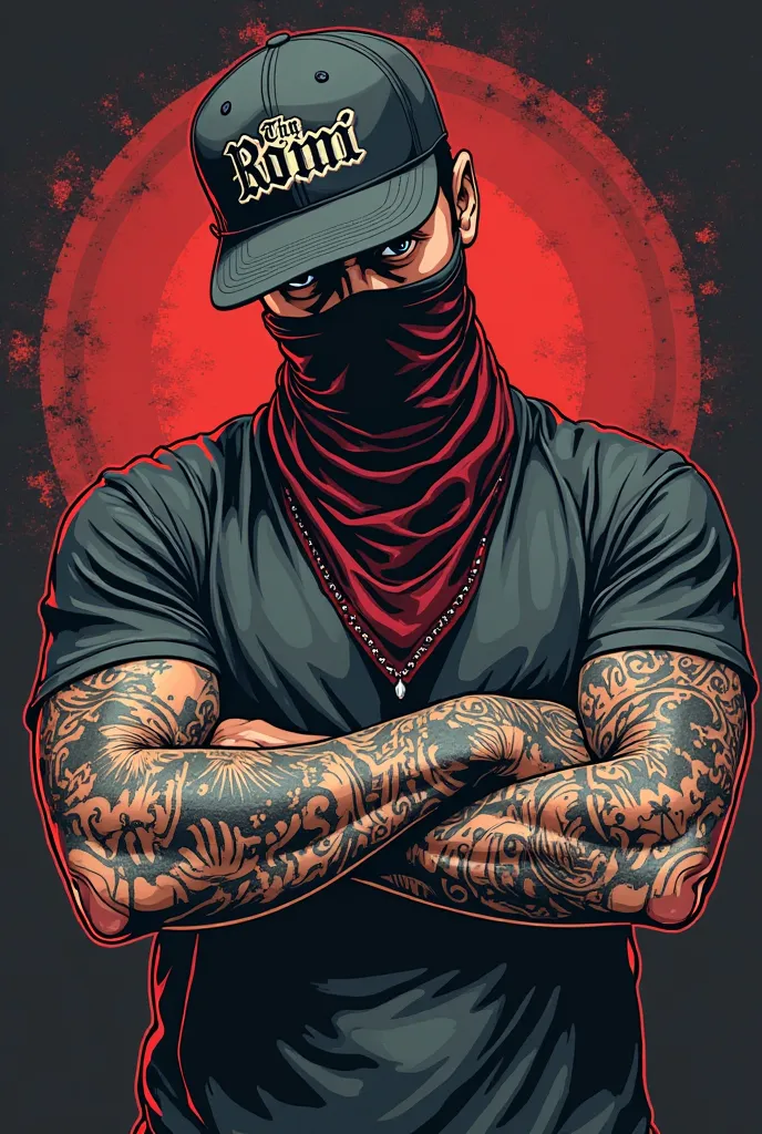 I want to create a logo , tattooed man wearing a cap , tattoo lettering on the cap , in a T-shirt , bandana wearing a gangster mask  , and mother Hooligan's caption , in GTA style ,  high quality erotic masterpiece 