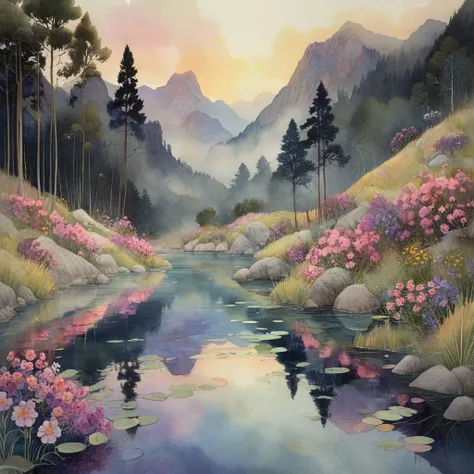 This watercolor captures a tranquil lakeside scene at dusk. A seamless blend of trees and flowers in pink, purple and pale blue cover the mountainside. On the shore, tall grasses and wildflowers sway gently in the breeze, captured in soft watercolor brushs...