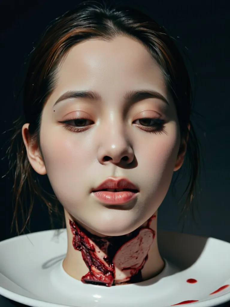   place the head of a decapitated woman , Asia,  Less blood stains   , ((  Close Your Eyes )),   like a dish on a plate  , Bloody,  actual , 4K, Nikon, fear