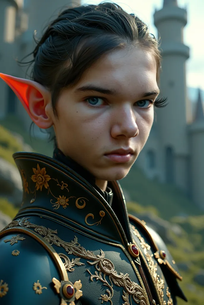 a young man of a fantastical nonhuman race, beautiful detailed eyes, beautiful detailed lips, extremely detailed face, longeyelashes, ornate fantasy outfit, intricate fantasy armor, medieval castle, moody dramatic lighting, cinematic composition, fantasy l...