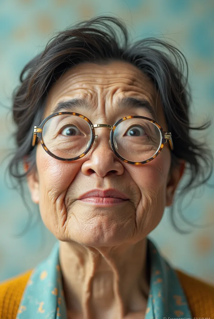 stupid face 5D effect,a 45 year old Asian woman,wearing a very small and round glasses,big eyes,big and thick lips,emotional expression