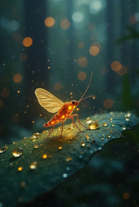 An enchanting, ultra-detailed 4K close-up of a luminous firefly perched on a dewdrop-covered leaf, playing a tiny, glowing violin. Its bioluminescent body casts a soft golden light, illuminating the surrounding darkness. The background features a mystical ...