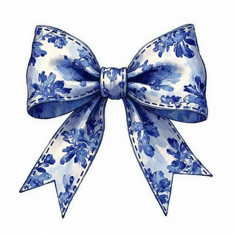 watercolor bow with navy Toile Bouje Chinoiserie print, navy baseball stitches, isolated on a white background 