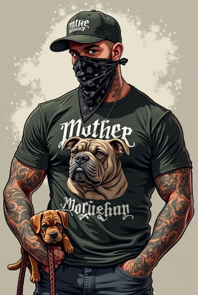 I want to create a logo , tattooed man wearing a cap , tattoo lettering on the cap , in a T-shirt , bandana wearing a gangster mask  , and mother Hooligan's caption , in GTA style ,  high quality erotic masterpiece , American bully holds a dog on a leash 