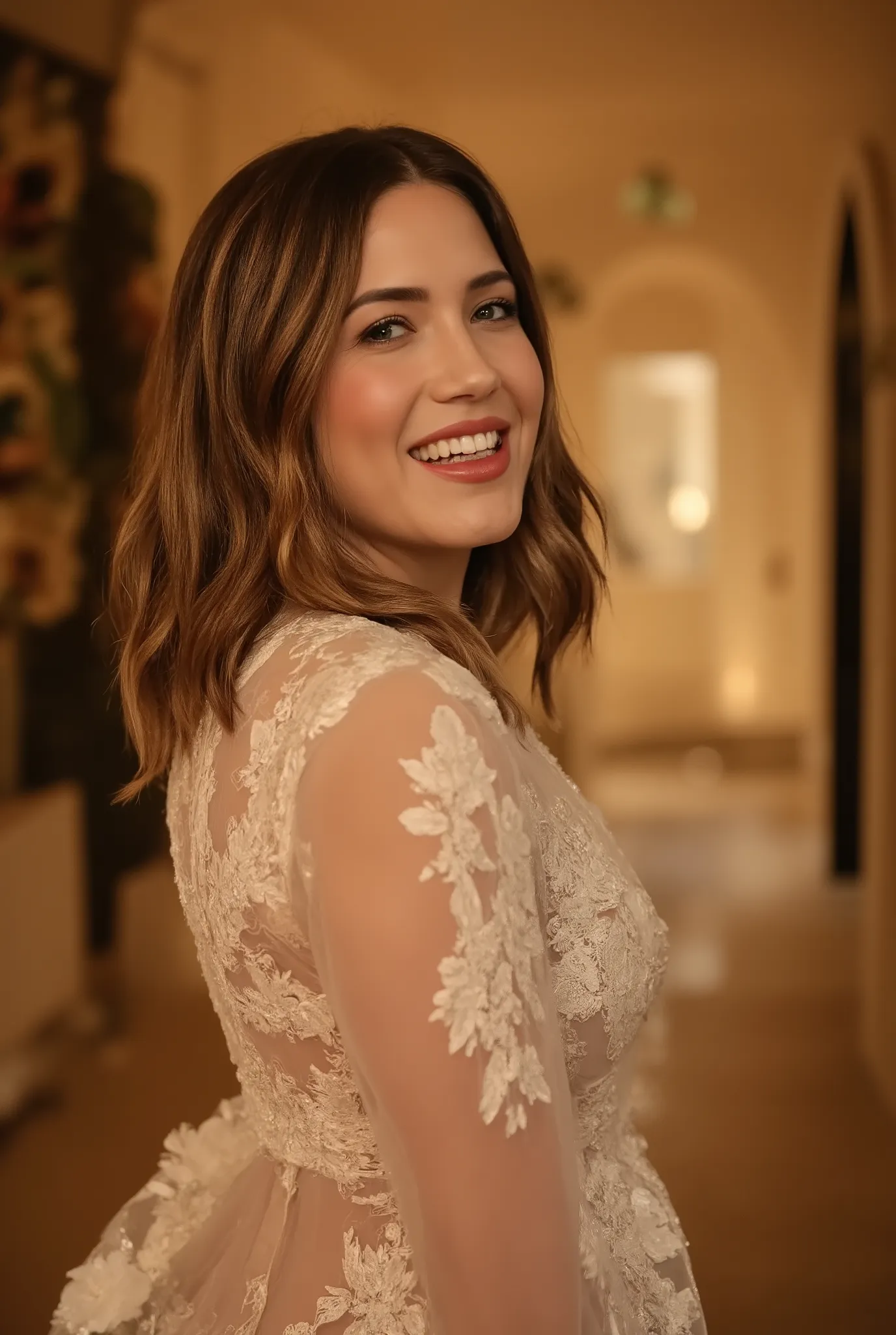 best quality, highres, 8k, masterpiece, photography, detailed midbody photorealistic portrait. Mandy Moore is seen walking down the aisle in a stunning, timeless wedding dress. The dress features a simple, elegant design with a plunging neckline and delica...