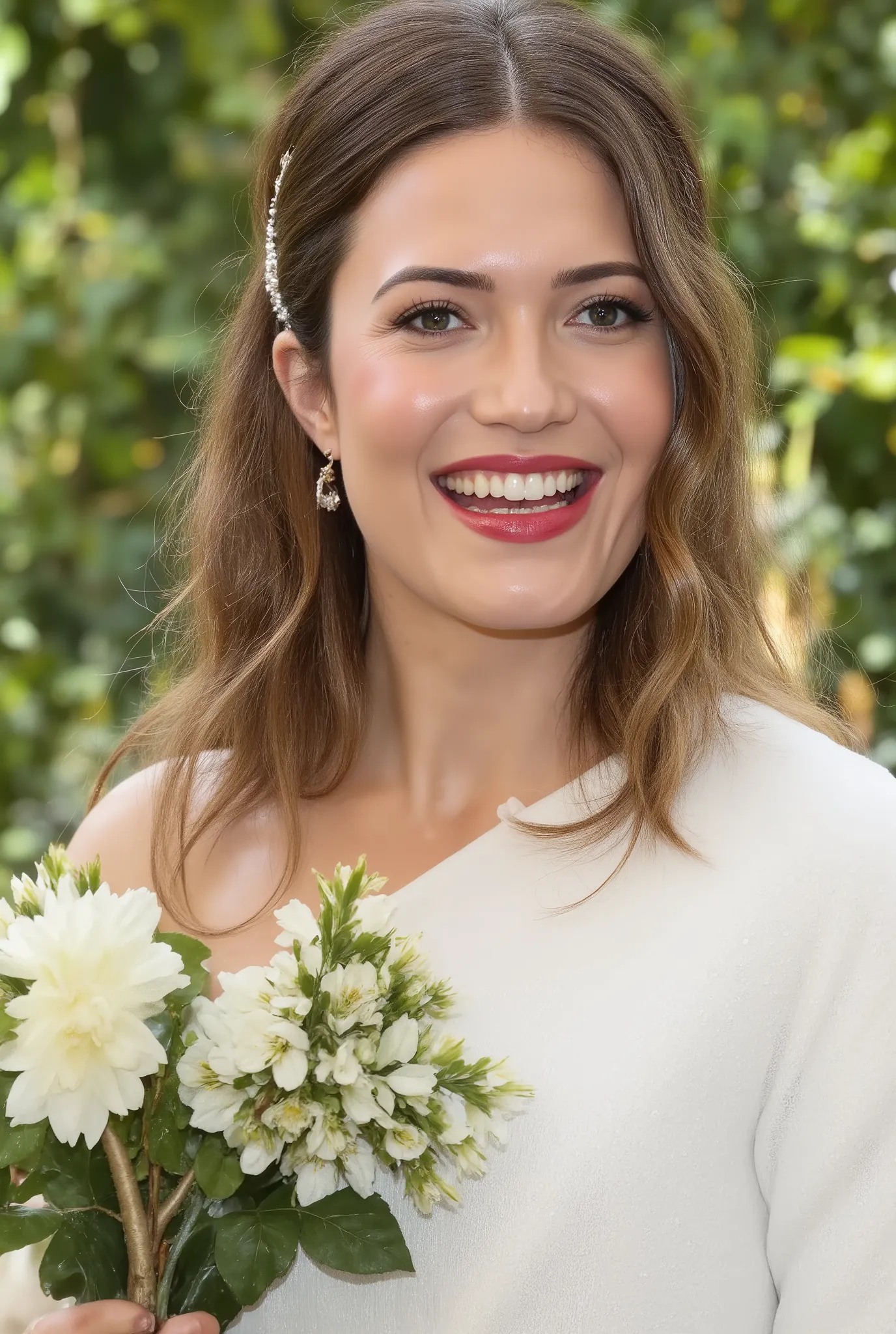 best quality, highres, 8k, masterpiece, photography, detailed midbody photorealistic portrait. Mandy Moore is seen walking down the aisle in a stunning, timeless wedding dress. The dress features a simple, elegant design with a plunging neckline and delica...