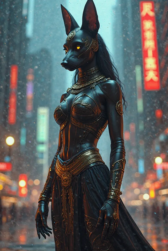 Female anubis in the modern world in full length