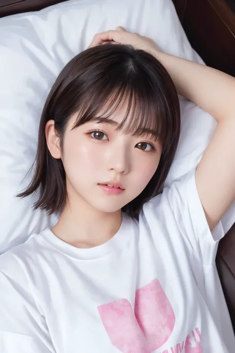 masterpiece, TOP QUALITY,  one woman, ( t-shirts、Sleeping girl:1.2), 20 years old、(RAW 写真TOP QUALITY), (reality, reality的:1.4),  sexy、 iris、 very detailed eyes and face,  beautiful and detailed nose, beautiful eyes, perfect anatomy、short hair、 Chest Valley...