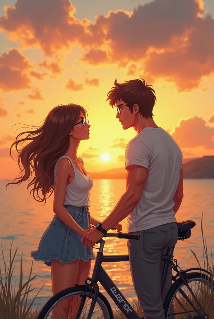 A young brunette woman with long hair wearing glasses and a muscular young man under a sunset near the sea with their Peugeot bicycle