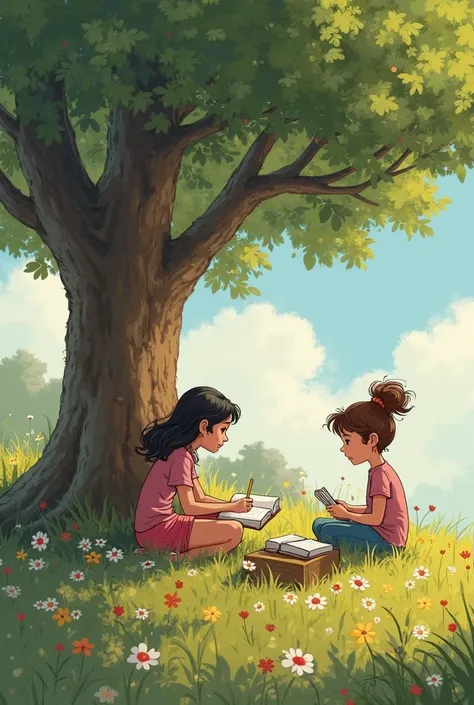 Scene 2

"Wouldn't it be wonderful, Shara?" Clara asked her best friend, a kind and clever girl named Shara. They were sitting under a big tree one sunny afternoon, sketching pictures in their notebooks.
Shara, with her curly hair bouncing as she nodded en...